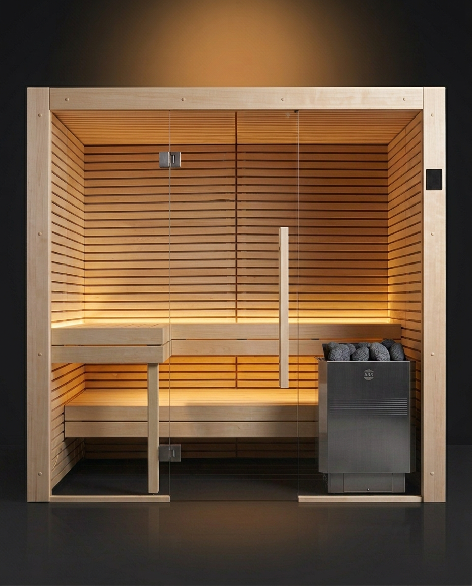 Aura Warm sauna cabin with glass front lit in warm light — Aspen interior