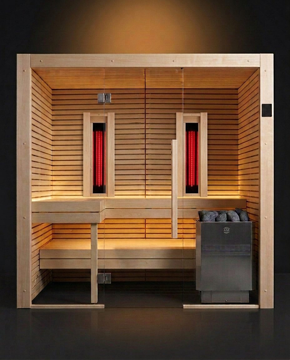 Aura Warm cabin illustrating two optional wooden-frame full-spectrum infrared radiators on the rear wall above the bench