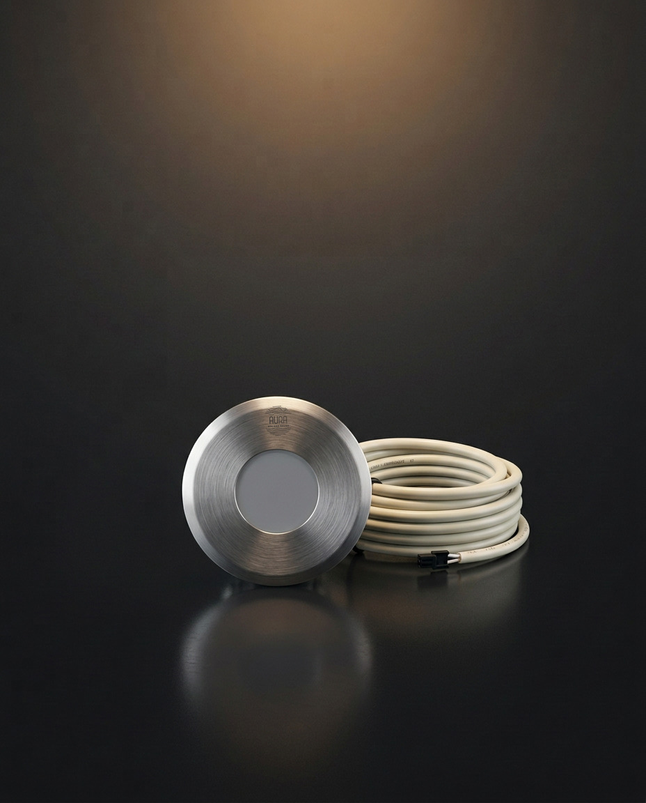 Aura round stainless steel recessed LED spot with coiled cable in the charcoal studio
