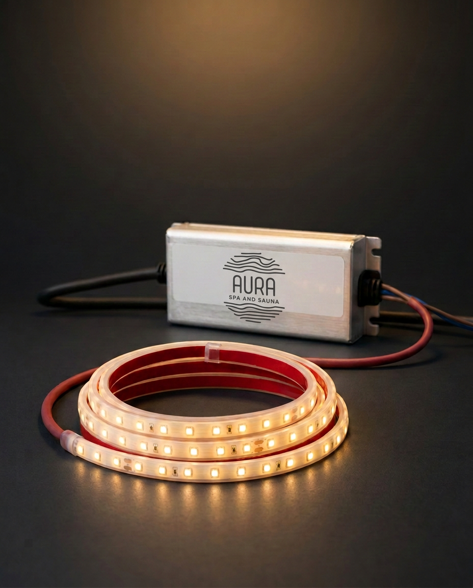 Aura sealed warm-white LED strip coiled with its red connection cable and IP67 LED driver in the charcoal studio