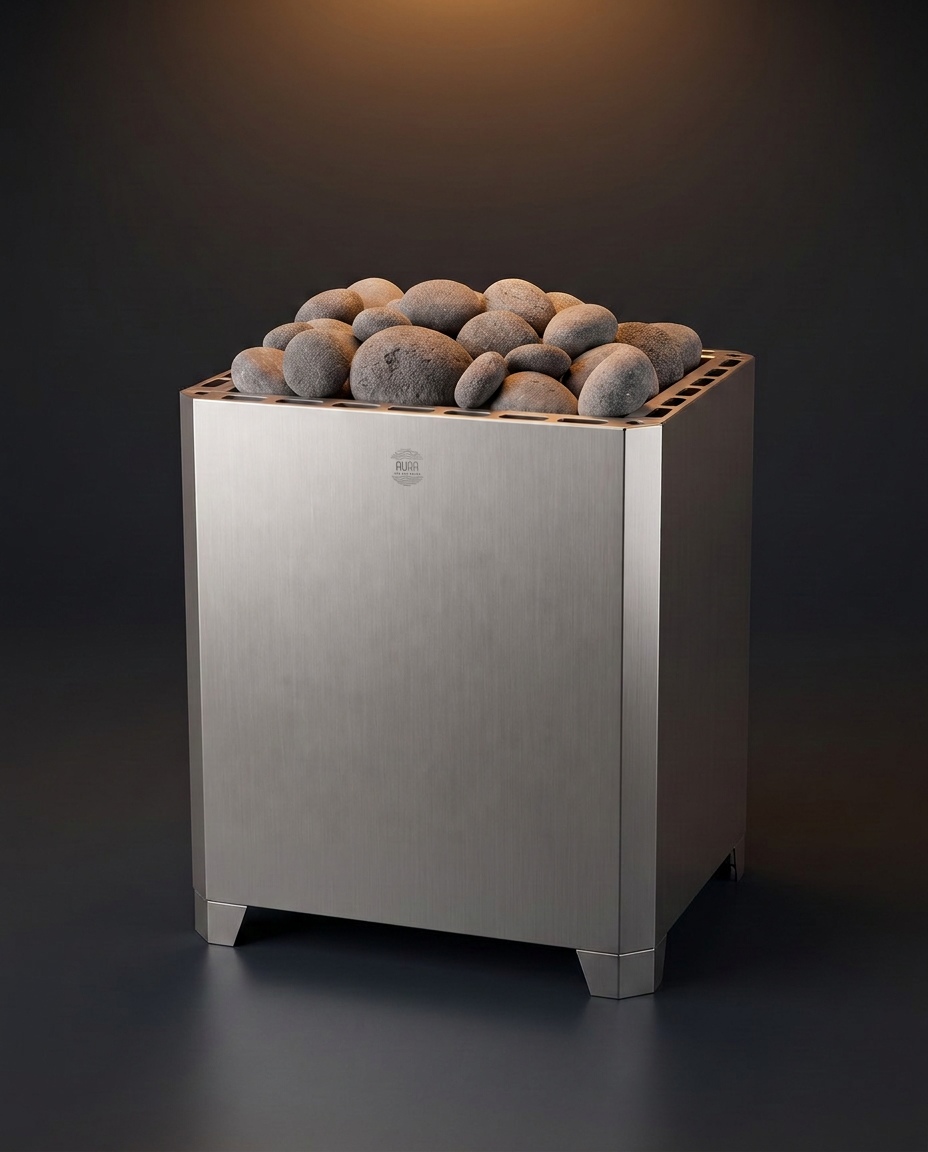 Kaamos Steel Wide freestanding sauna heater in brushed stainless steel