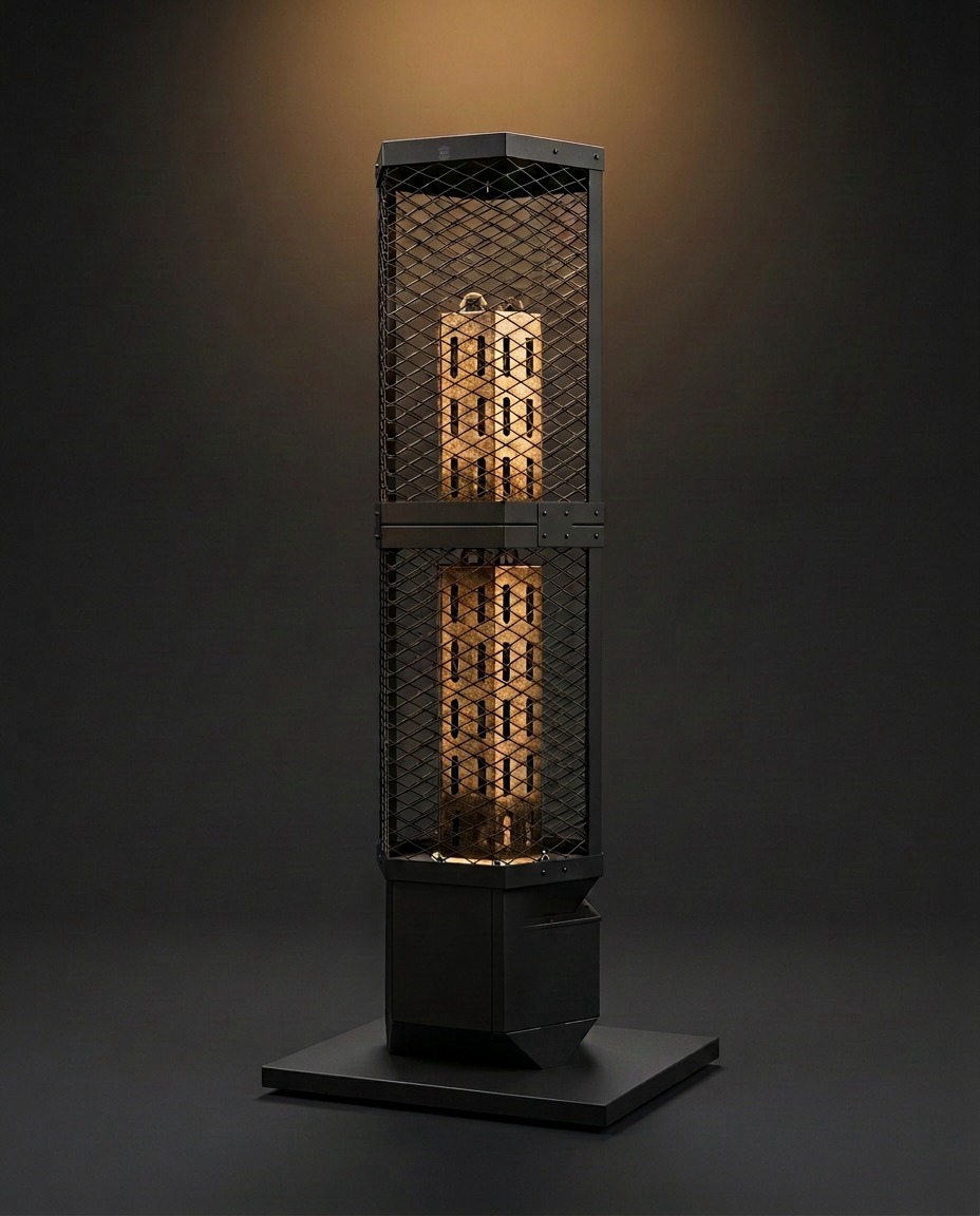 Aura tower heater, a tall hexagonal stone pillar